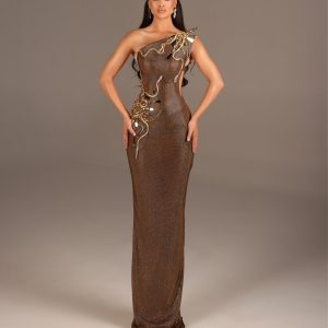 Alexa - One Shoulder Metallic Embellished Gown