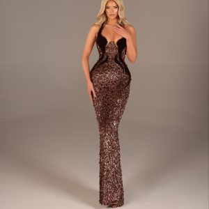 Roena - Halter Velvet Panel Beaded Gown